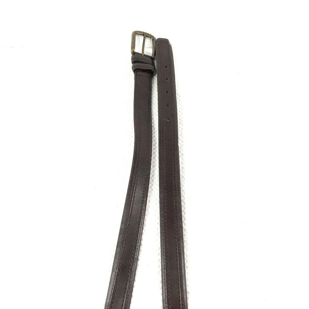 Genuine leather dress belt men's 38-42 brown‎ brass buckle stitch accent